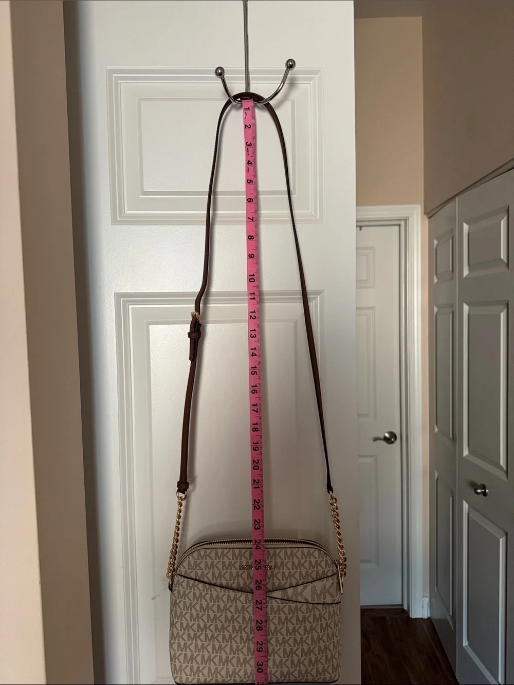 Michael Kors Beige Logo Crossbody with Brown Strap and Gold Hardware
